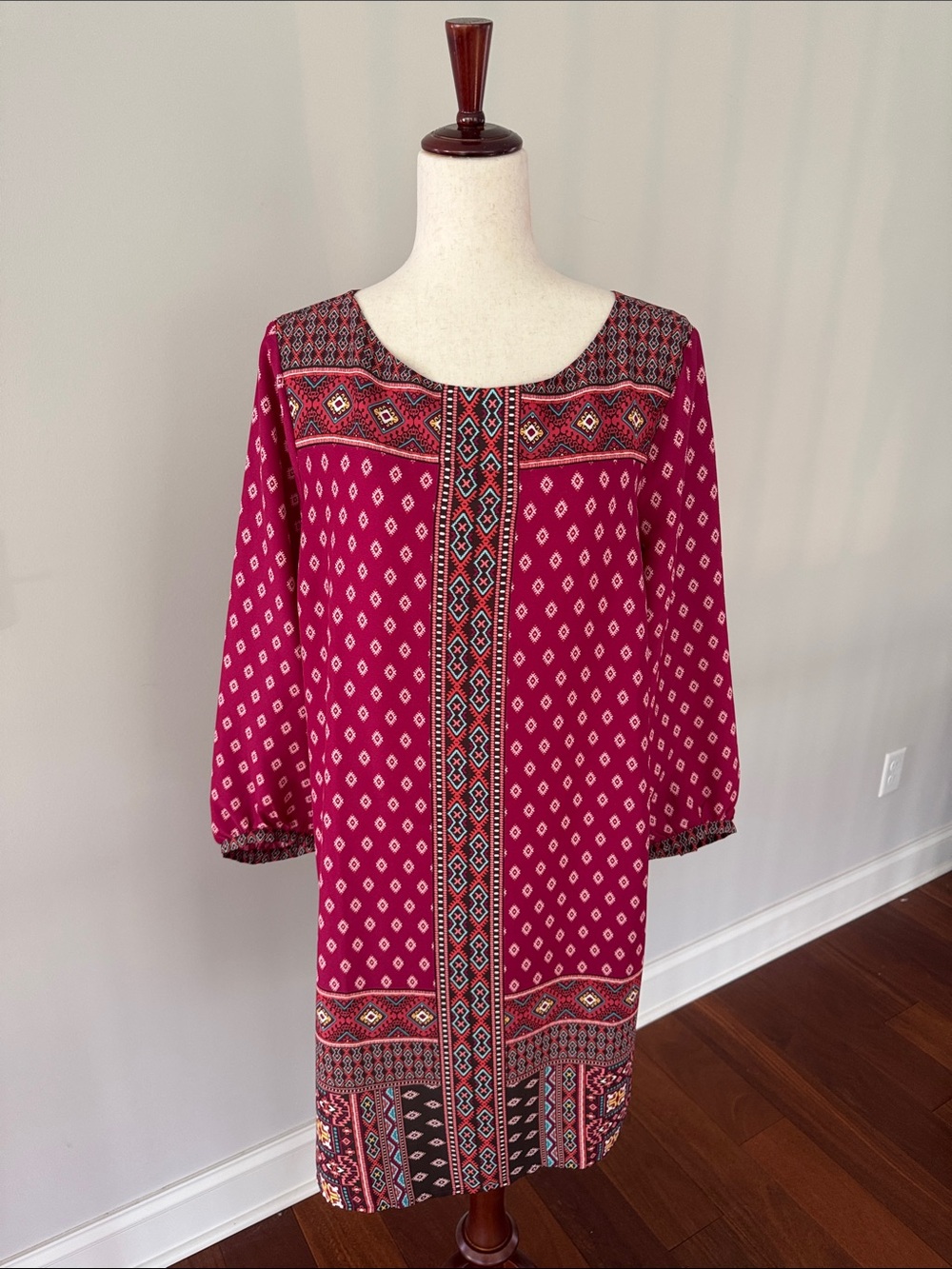 LOFT Magenta Boho Border Print Long Sleeve Shift Dress